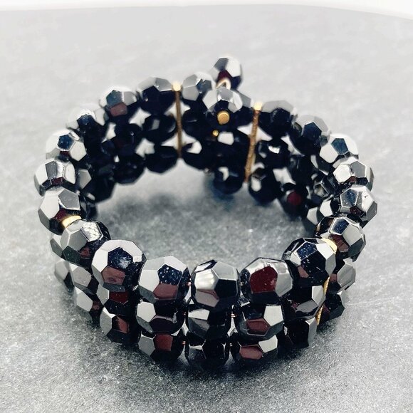VINTAGE Black plastic beaded memory wire triple layer cuff bracelet 1950s 1960s - Picture 5 of 8